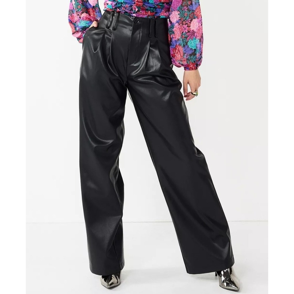 SO Faux Leather Wide Leg Pants Black High Waisted Pleated Trousers Womens Size 3